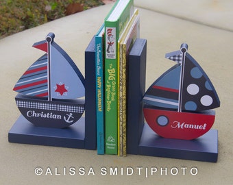 Sailboat Bookends, Custom Designed - Custom Created to Coordinate with Your Decor or Nursery Letters (wooden sailboat, nautical, blue, red)
