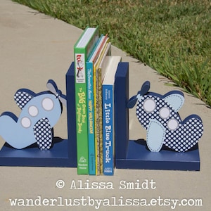 Custom Designed Wooden Airplane Bookends - Custom Created to Coordinate with Your Decor or Nursery Letters (transportation, blue, navy)