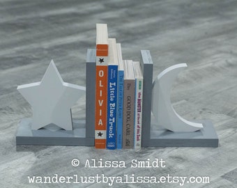 Star and Moon Bookends, Custom Bookends, Wooden Bookends - Custom Created (grey, gray, white, star, moon, celestial)