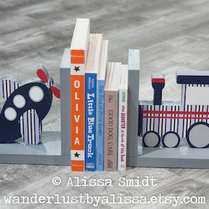 Train and Airplane Bookends, Wood Bookends - Custom Created to Coordinate with Your Decor (transportation, navy, blue, red and grey)