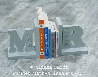 Engraved Letter Bookends, Initial Bookends, Wooden Custom Bookends - Custom Created  (alphabet bookend grey gray) Valentine's gift