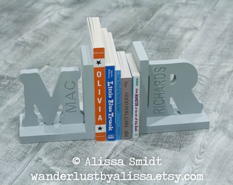 Engraved Letter Bookends, Initial Bookends, Wooden Custom Bookends - Custom Created  (alphabet bookend grey gray) Christmas gift Hanukkah