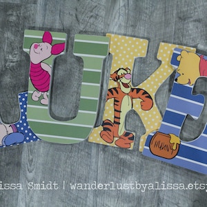 Winnie the Pooh Nursery Letters, Custom Wooden Letters  -  9 Inch Hanging (winnie the pooh, piglet, eeyore, tigger)