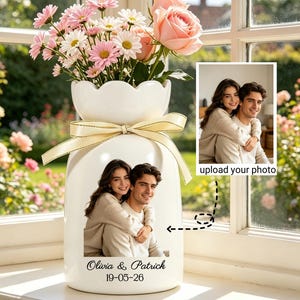 Custom Photo Ceramic Flower Vase, Personalized Picture Flower Vase, Couple Photo Gift, Gift for Her, Engagement Wedding Anniversary Gift