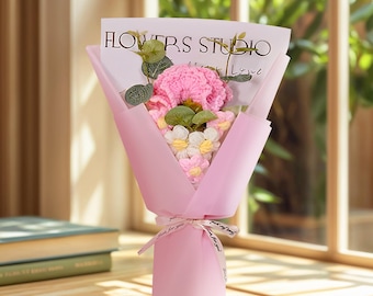 Gehäkelter Blumenstrauß mit benutzerdefinierter Karte, gestricktes Blumengeschenk für sie, ewiges Blumenarrangement, Haus- und Hochzeitsdekor, Muttertagsgeschenk