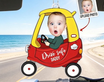 Personalized 1-4 Kid Photos Car Hanger, Drive Safe Daddy Acrylic Car Hanging, New Dad Gift, Reminder Gift for Husband