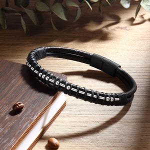 Spersonalizowana bransoletka z kodem Morse'a dla mężczyzn, spersonalizowana skórzana bransoletka z kodem Morse'a i zdjęciem, biżuteria męska, prezenty dla chłopaka, taty, męża