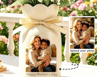 Jarrón de cerámica personalizado con foto, jarrón con foto personalizada, regalo familiar con foto, regalo para mamá/abuela, regalo del Día de la Madre para ella.