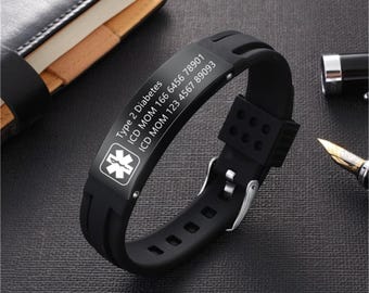 Bracelet d'alerte médicale en silicone personnalisé, informations médicales et identifiant d'alerte gravés, bracelet de sport pour épilepsie et patients cardiaques