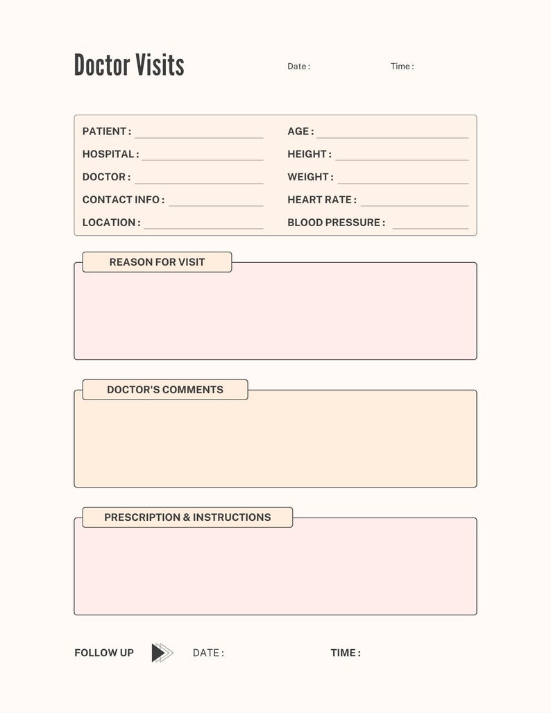 Doctor Visit Tracker Printable Medical Log Patient Information Sheet ...