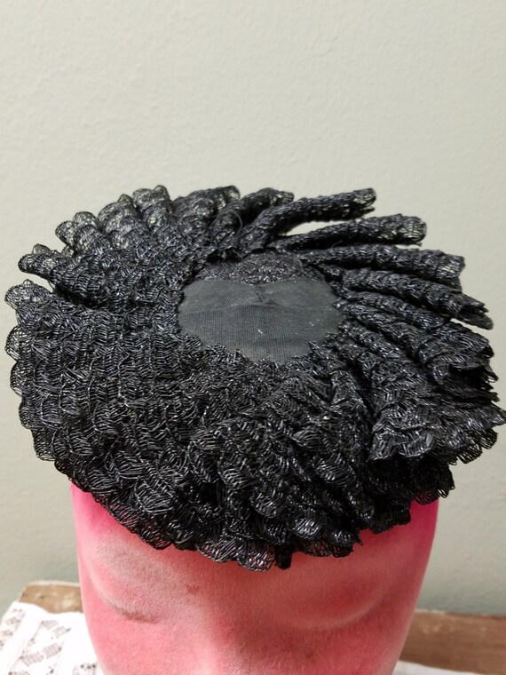 Vintage Black Ruffle Straw Doll Style Tilt Hat 193