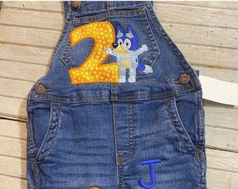 Bluey Birthday Overalls, Embroidered Custom Party Outfit