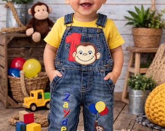Curious George Birthday Overalls, Embroidered First Birthday Outfit