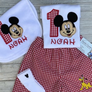 Mickey Birthday Short Set-Pluto Short Set-First Birthday Shorts Outfit-1st Birthday Mickey Gingham Short Set-Personalized First Birthday