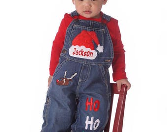 Santa Hat Overalls, Baby's 1st Christmas Overalls, HO HO HO overalls, Personalized Holiday Overalls