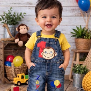 Curious George Birthday Overalls, Embroidered First Birthday Outfit