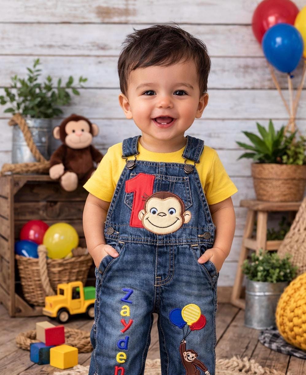Personalized Curious George Embroidered Overalls, 1st Birthday Outfit (Custom Name)