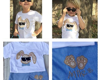 Monogrammed Easter Short Set, Boy Gingham Short Set, Bunny Short Set, Boys Easter Outfit