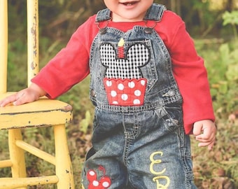 Mickey Mouse Birthday Denim Overalls, Personalized Appliqued Outfit