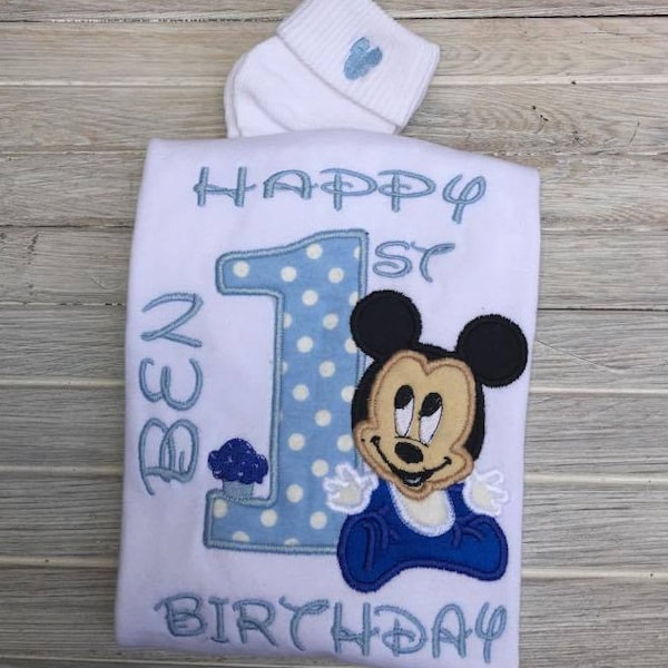 Baby Mickey Mouse 1st Birthday Outfit, Baby Mickey First Birthday Shirt, Mickey Mouse Cake Smash Bodysuit with Mickey Socks