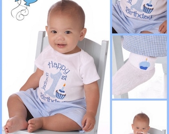 Baby Boys 1st Birthday Outfit-Blue Gingham Personalized-Baby Boy First Birthday Cake Smash Outfit