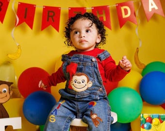 Curious George Birthday Overalls- 1st Birthday Outfit- Personalized Birthday Clothes