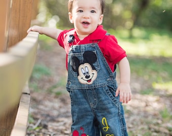 Disney clothing birthday overalls-Mickey Mouse Denim Bib Overalls-Custom Boutique Mickey Mouse Overalls