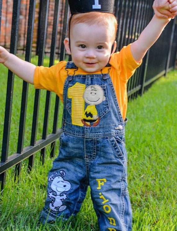 Personalized Charlie Brown Birthday Overalls, Embroidered Peanut Gang