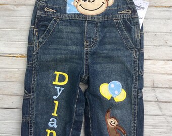 Curious George Birthday Shortalls , Curious George Birthday, First Birthday Overalls, 1st 2nd 3rd 4th birthday