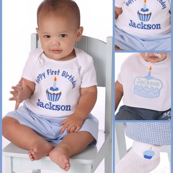 Birthday Boy Personalized Cupcake T-shirt First Birthday Boy Made to Match Birthday supplies Baby Blue Cupcakes Custom Made Outfit