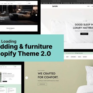 May include: A digital display of a Shopify theme for bedding and furniture websites, featuring multiple screenshots of a web interface with the text 'Fast Loading Bedding & furniture Shopify Theme 2.0' overlaid on a light teal background.