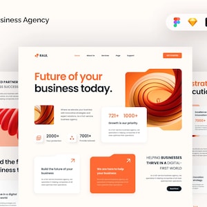 Puede incluir: Diseño web para Raul Business Agency, con un diseño moderno en blanco y naranja. El diseño incluye texto, gráficos e iconos, con la frase "Future of your business today" destacada.