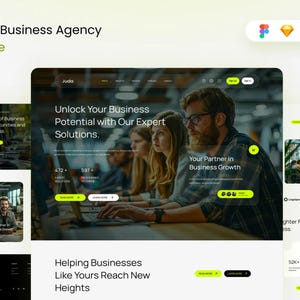 May include: A website design for Juda Business Agency, featuring a modern interface with a dark theme and neon green accents. The design includes multiple screens showcasing business solutions and growth strategies. The text reads "Unlock Your Business Potential" and "Your Partner in Business Growth."