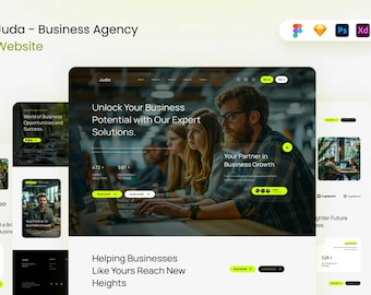 Plantilla web para agencia de negocios Juda / Kit de interfaz de usuario editable para Figma, XD, Sketch y PSD