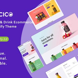 May include: A promotional image for a juice and drink e-commerce Shopify theme. The image features website mockups on a purple background, showcasing juice bottles and website layouts. Text includes "JUICICO" and "Juice for all occasions."