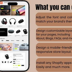 May include: A smartphone displays a website showcasing various audio products, including headphones and speakers. The screen also features text that reads "What you can do:" followed by a list of features, such as adjusting font and color, designing layouts, and installing apps.