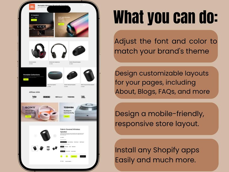 May include: A smartphone displays a website showcasing various audio products, including headphones and speakers. The screen also features text that reads "What you can do:" followed by a list of features, such as adjusting font and color, designing layouts, and installing apps.