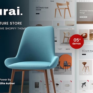 Może przedstawiać: Jasnoniebieskie tapicerowane krzesło z czterema drewnianymi nogami umieszczone przed cyfrowym wyświetlaczem motywu Shopify Furai Furniture Store, zawierającym różne zdjęcia mebli, tekst oraz czerwoną odznakę z napisem 05+ demos.
