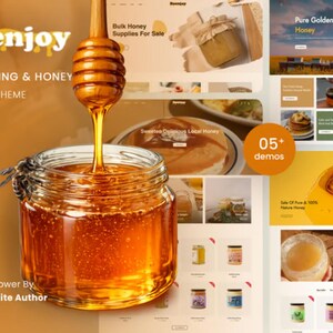 May include: A digital display of the Beenjoy Shopify theme for beekeeping and honey, featuring a glass jar of golden honey with a wooden dipper, a bee on the rim, and various website layout previews showcasing honey products and branding.