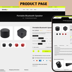May include: Product page for a portable Bluetooth speaker. The page displays the speaker in black, with a round and a square design. The text "Portable Bluetooth Speaker" is visible.