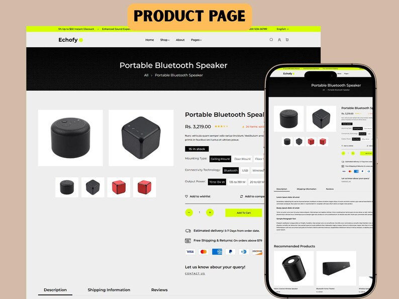 May include: Product page for a portable Bluetooth speaker. The page displays the speaker in black, with a round and a square design. The text "Portable Bluetooth Speaker" is visible.