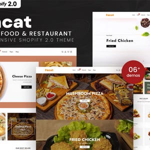 Könnte beinhalten: Eine digitale Darstellung des Facat Fast Food & Restaurant Shopify 2.0 Themes, die mehrere Website-Layouts mit hochwertigen Lebensmittelfotografien zeigt, darunter Käsepizza, Pilzpizza, gebratenes Hähnchen und Pommes frites.