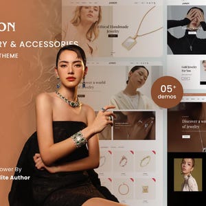 May include: A digital marketing display for the Jamon Jewelry and Accessories Shopify theme, featuring a person wearing a black strapless dress, a statement necklace, and a wide cuff bracelet, alongside multiple website layout previews.