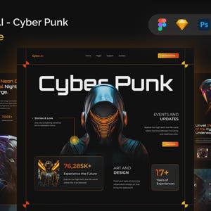 May include: A dark website design with the text "Cyber Punk" in large white letters. The website features a futuristic theme with a person wearing a helmet. The design includes orange and black color schemes, with icons for design software.
