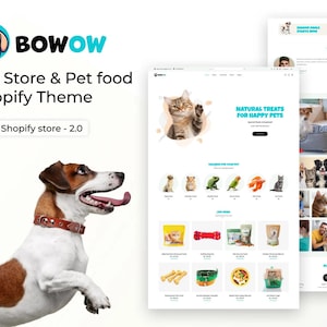 Könnte beinhalten: Webdesign für einen Shopify-Theme für einen Tierladen und Tiernahrung. Das Logo zeigt eine Hunde-Ikone. Die Website präsentiert Tierprodukte, darunter Leckerlis, Spielzeug und Zubehör. Ein Jack Russell Terrier-Hund ist im Vordergrund.