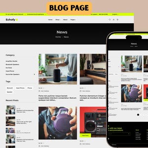 May include: A website and a smartphone screen displaying a blog page. The website features a black and white design with the word "News" prominently displayed. The smartphone shows a similar layout.