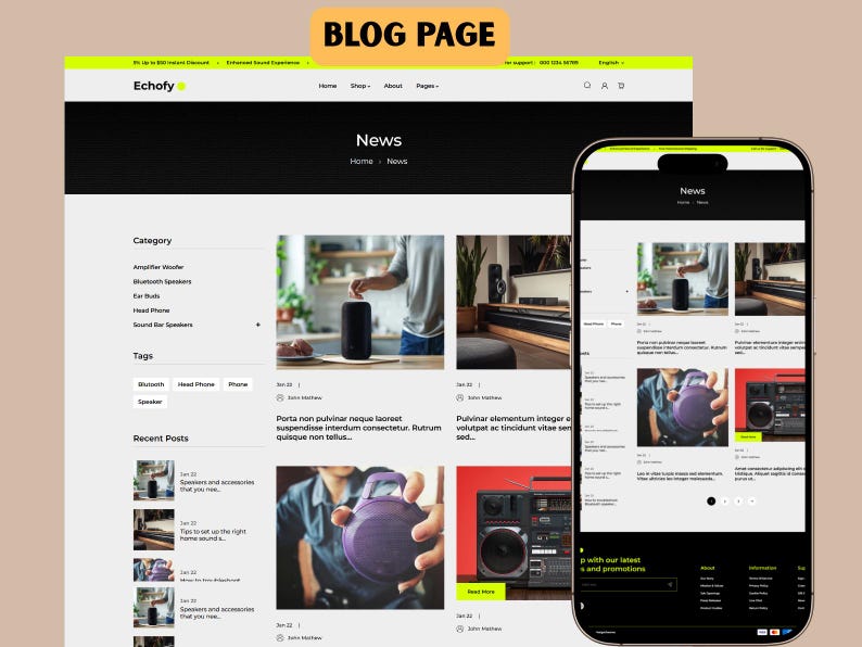 May include: A website and a smartphone screen displaying a blog page. The website features a black and white design with the word "News" prominently displayed. The smartphone shows a similar layout.