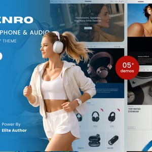 May include: A digital marketing graphic for the Penro Headphone and Audio Shopify theme, featuring a person wearing white over-ear headphones, a white sports bra, and a white jacket, with website interface previews and the text 05+ demos.