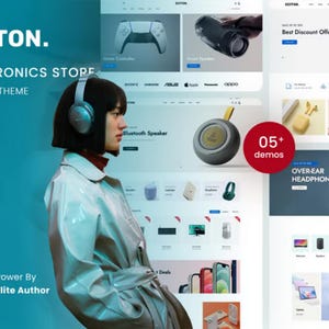 Puede incluir: Una pantalla digital del tema Shopify para tienda de electrónica Eciton que muestra a una persona con auriculares plateados. La interfaz presenta varias categorías de productos, incluyendo mandos de juego, altavoces y dispositivos móviles.