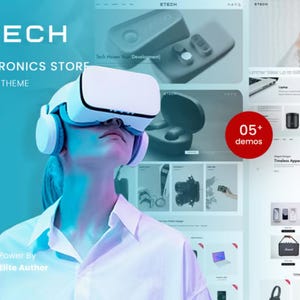 Può includere: Un visore per realtà virtuale bianco con cuffie integrate indossato da una persona, visualizzato su un'interfaccia digitale per il tema Shopify ETECH Electronics Store, con testi che includono OS 2.0 e 05+ demos in un layout blu.
